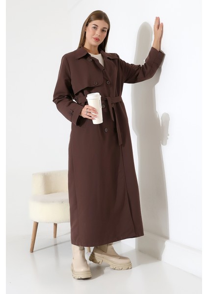 Amazon Keten Kumaş Uzun Boy Düğmeli Astarlı Yumuşak Dokulu Trenç Kot Koyu Kahve modelleri