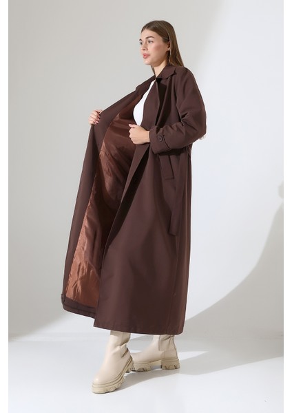 Amazon Keten Kumaş Uzun Boy Düğmeli Astarlı Yumuşak Dokulu Trenç Kot Koyu Kahve