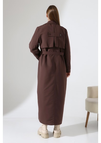 Amazon Keten Kumaş Uzun Boy Düğmeli Astarlı Yumuşak Dokulu Trenç Kot Koyu Kahve