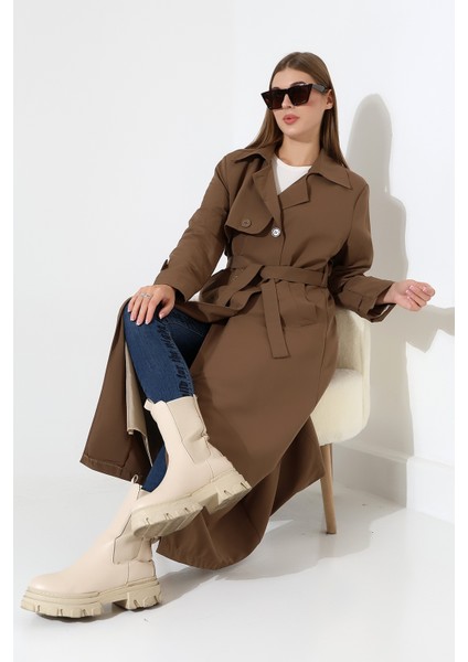 Amazon Keten Kumaş Uzun Boy Düğmeli Astarlı Yumuşak Dokulu Trenç Kot Sütlü Kahve