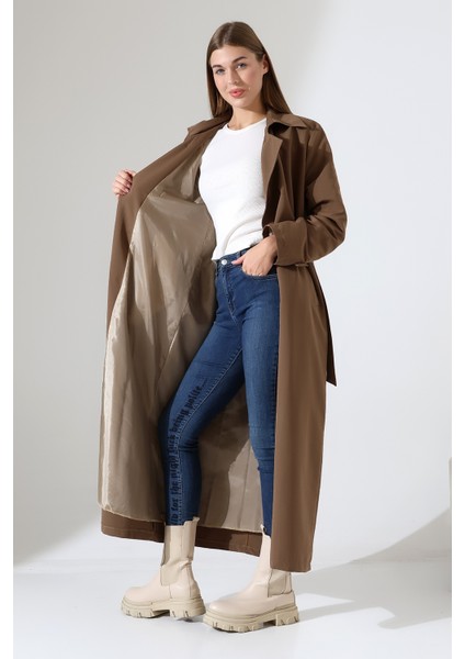 Amazon Keten Kumaş Uzun Boy Düğmeli Astarlı Yumuşak Dokulu Trenç Kot Sütlü Kahve modelleri