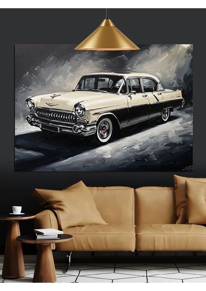 Siyah Beyaz Klasik Araba Dekoratif Kanvas - Mdf Ahşap Tablo