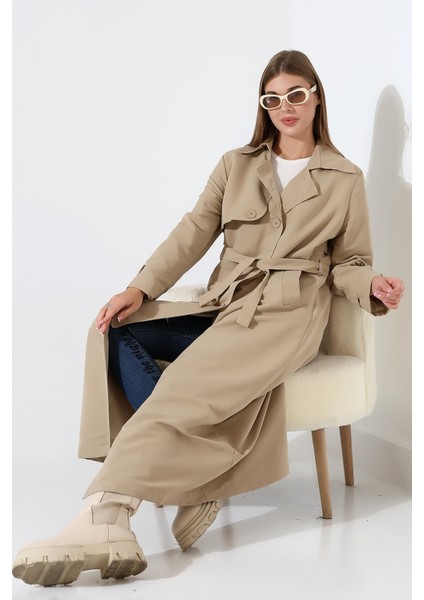 Amazon Keten Kumaş Uzun Boy Düğmeli Astarlı Yumuşak Dokulu Trenç Kot Bej
