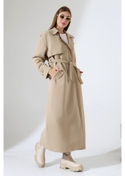 Amazon Keten Kumaş Uzun Boy Düğmeli Astarlı Yumuşak Dokulu Trenç Kot Bej modelleri