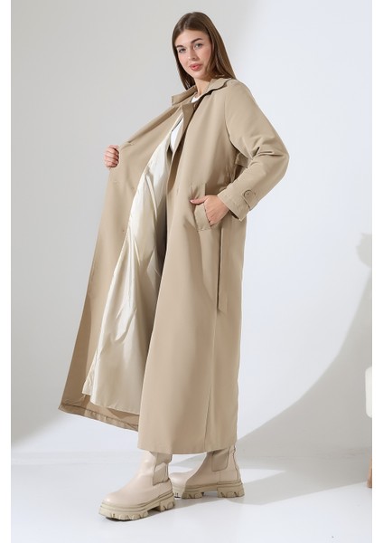 Amazon Keten Kumaş Uzun Boy Düğmeli Astarlı Yumuşak Dokulu Trenç Kot Bej