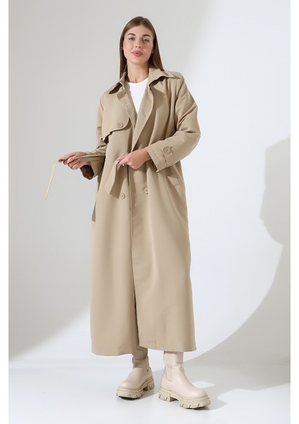 Amazon Keten Kumaş Uzun Boy Düğmeli Astarlı Yumuşak Dokulu Trenç Kot Bej