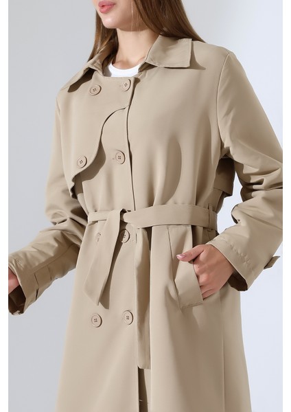 Amazon Keten Kumaş Uzun Boy Düğmeli Astarlı Yumuşak Dokulu Trenç Kot Bej