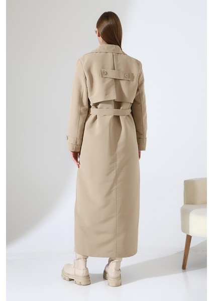 Amazon Keten Kumaş Uzun Boy Düğmeli Astarlı Yumuşak Dokulu Trenç Kot Bej