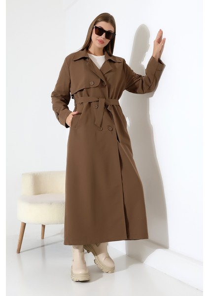 Amazon Keten Kumaş Uzun Boy Düğmeli Astarlı Yumuşak Dokulu Trenç Kot Sütlü Kahve