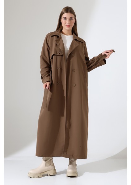 Amazon Keten Kumaş Uzun Boy Düğmeli Astarlı Yumuşak Dokulu Trenç Kot Sütlü Kahve