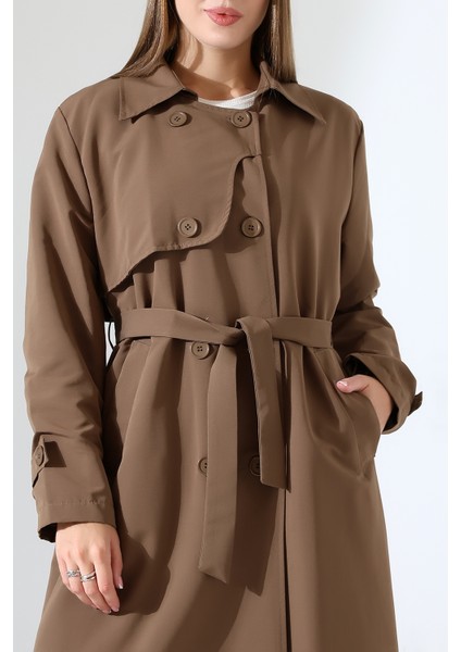 Amazon Keten Kumaş Uzun Boy Düğmeli Astarlı Yumuşak Dokulu Trenç Kot Sütlü Kahve