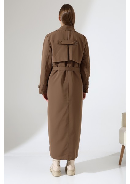 Amazon Keten Kumaş Uzun Boy Düğmeli Astarlı Yumuşak Dokulu Trenç Kot Sütlü Kahve