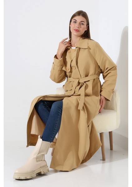 Amazon Keten Kumaş Uzun Boy Düğmeli Astarlı Yumuşak Dokulu Trenç Kot Camel