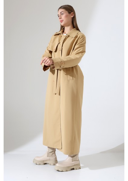 Amazon Keten Kumaş Uzun Boy Düğmeli Astarlı Yumuşak Dokulu Trenç Kot Camel