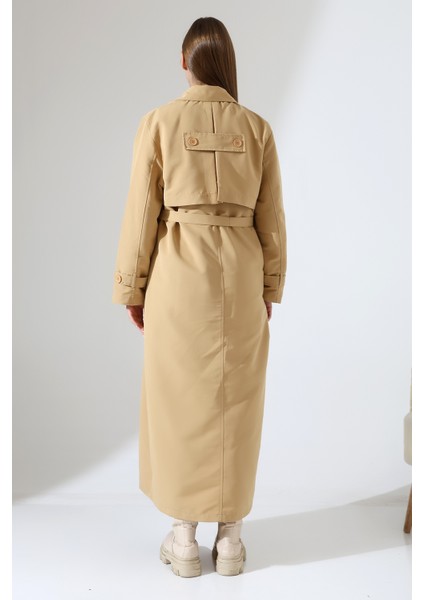 Amazon Keten Kumaş Uzun Boy Düğmeli Astarlı Yumuşak Dokulu Trenç Kot Camel