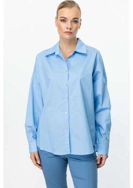 Kadın Kelebek Işlemeli Düğmeli Gömlek 3112 Mavi