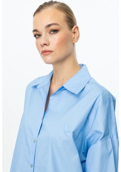 Kadın Kelebek Işlemeli Düğmeli Gömlek 3112 Mavi fiyatları