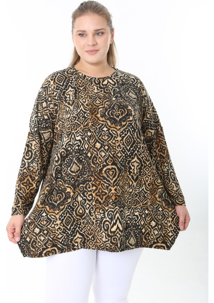 Yünlü Viskon Desenli Likralı Kadın Büyük Beden Tunik