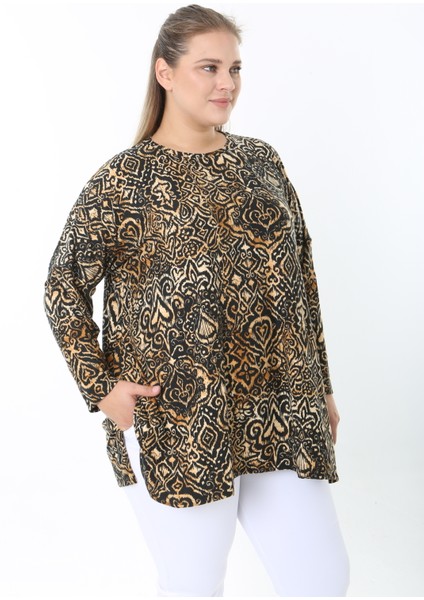 Yünlü Viskon Desenli Likralı Kadın Büyük Beden Tunik fırsatları