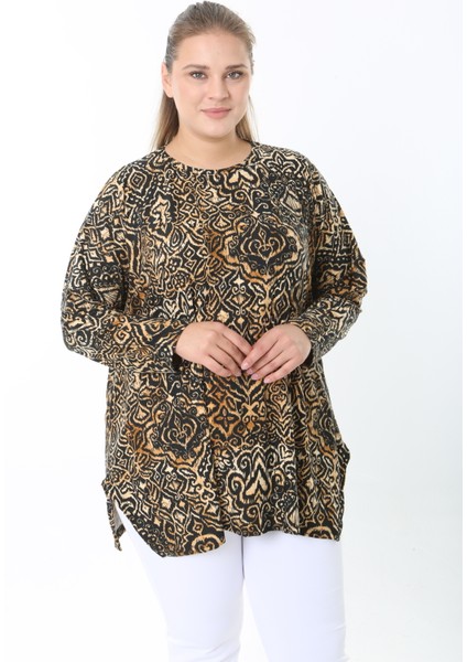 Yünlü Viskon Desenli Likralı Kadın Büyük Beden Tunik indirimleri