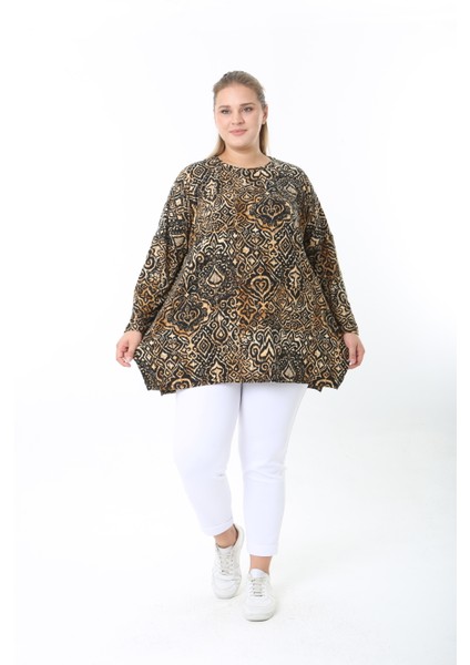 Yünlü Viskon Desenli Likralı Kadın Büyük Beden Tunik