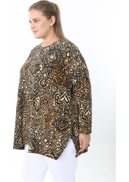 Yünlü Viskon Desenli Likralı Kadın Büyük Beden Tunik