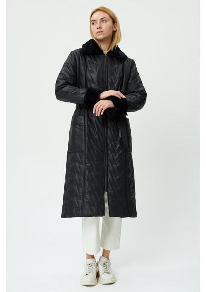 Veger Yakası ve Cebi Kürklü Beli Kuşaklı Kapitone Kaban fiyatları