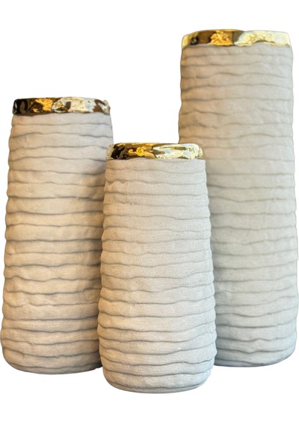 Seramik 3'lü Beyaz Traverten Vazo Seti