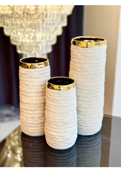 Seramik 3'lü Beyaz Traverten Vazo Seti modelleri