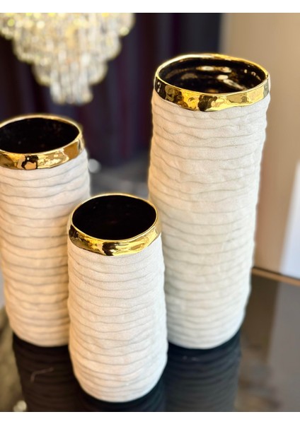 Seramik 3'lü Beyaz Traverten Vazo Seti indirimleri