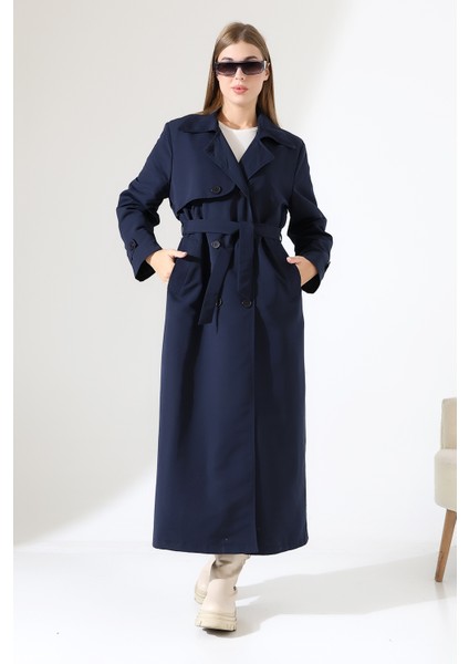 Amazon Keten Kumaş Uzun Boy Düğmeli Astarlı Yumuşak Dokulu Trenç Kot Lacivert