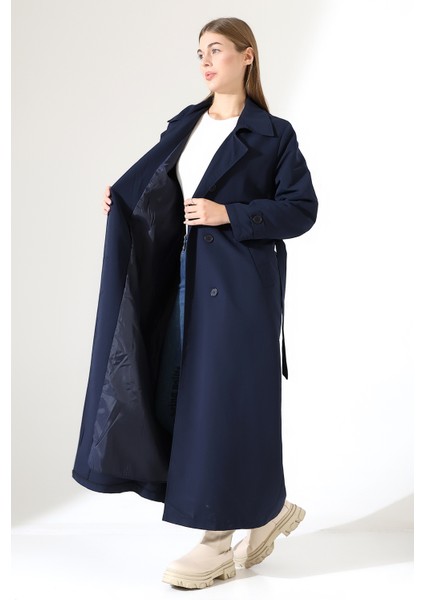 Amazon Keten Kumaş Uzun Boy Düğmeli Astarlı Yumuşak Dokulu Trenç Kot Lacivert modelleri