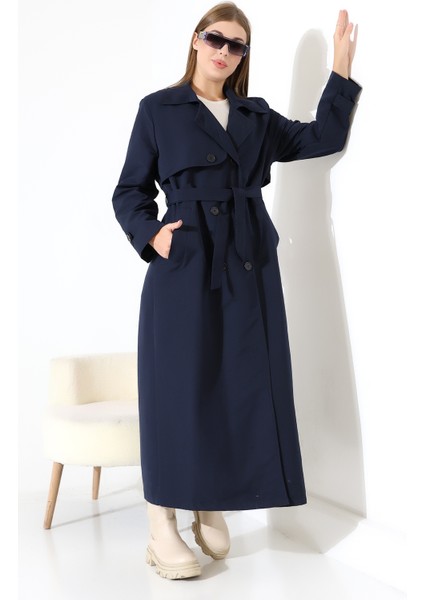 Amazon Keten Kumaş Uzun Boy Düğmeli Astarlı Yumuşak Dokulu Trenç Kot Lacivert fırsatları