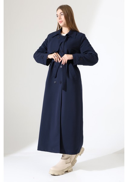 Amazon Keten Kumaş Uzun Boy Düğmeli Astarlı Yumuşak Dokulu Trenç Kot Lacivert