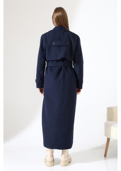 Amazon Keten Kumaş Uzun Boy Düğmeli Astarlı Yumuşak Dokulu Trenç Kot Lacivert