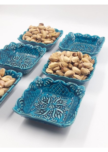 Turkuaz Kare Seramik Çerezlik – 6’lı Set | El Yapımı, Gıda Dostu Sosluk & Sunumluk modelleri