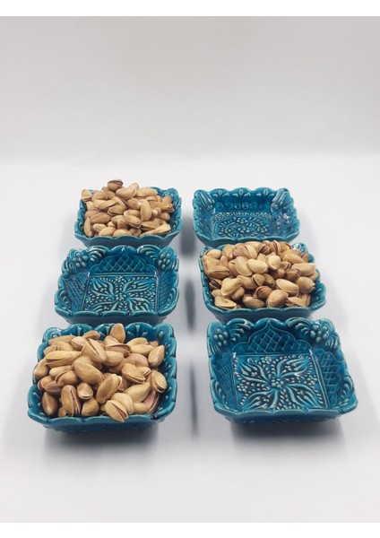 Turkuaz Kare Seramik Çerezlik – 6’lı Set | El Yapımı, Gıda Dostu Sosluk & Sunumluk indirimleri
