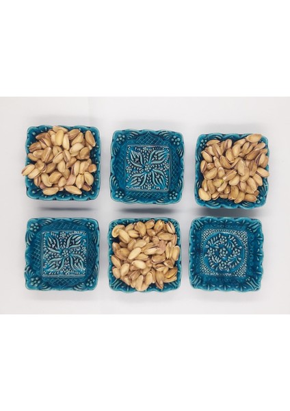 Turkuaz Kare Seramik Çerezlik – 6’lı Set | El Yapımı, Gıda Dostu Sosluk & Sunumluk