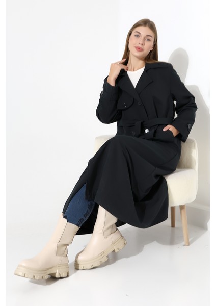 Amazon Keten Kumaş Uzun Boy Düğmeli Astarlı Yumuşak Dokulu Trenç Kot Siyah