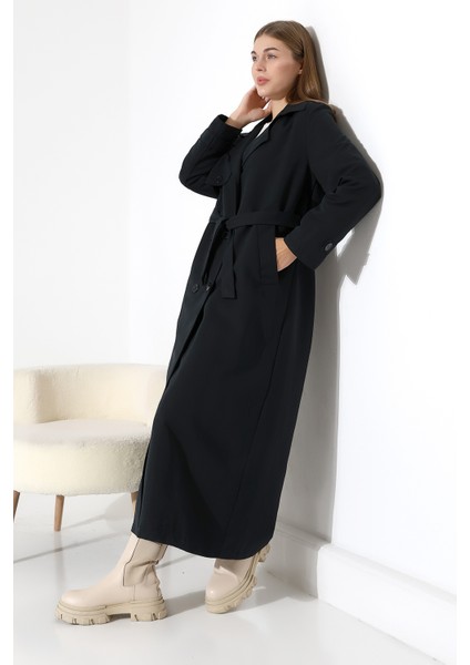 Amazon Keten Kumaş Uzun Boy Düğmeli Astarlı Yumuşak Dokulu Trenç Kot Siyah