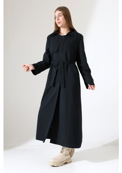 Amazon Keten Kumaş Uzun Boy Düğmeli Astarlı Yumuşak Dokulu Trenç Kot Siyah