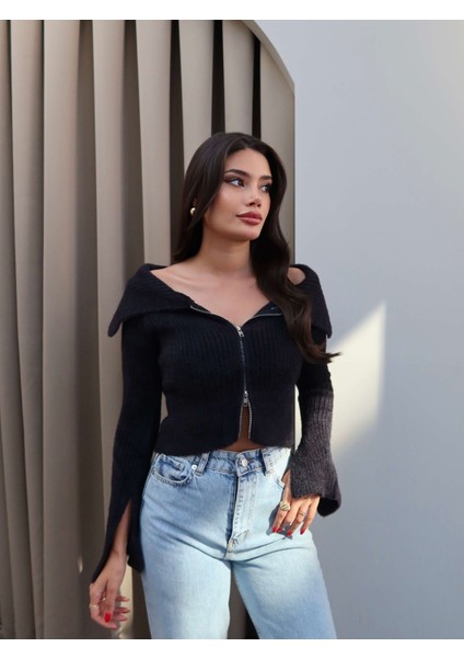 Fermuarlı Dik Yaka Triko Hırka