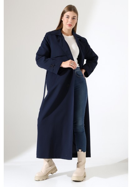 Amazon Keten Kumaş Uzun Boy Düğmeli Astarlı Yumuşak Dokulu Trenç Kot Lacivert fiyatları