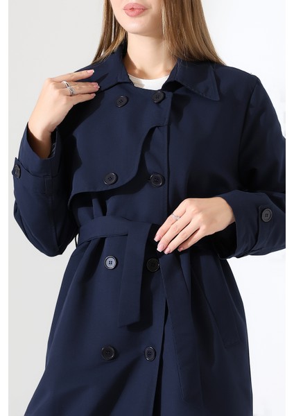 Amazon Keten Kumaş Uzun Boy Düğmeli Astarlı Yumuşak Dokulu Trenç Kot Lacivert