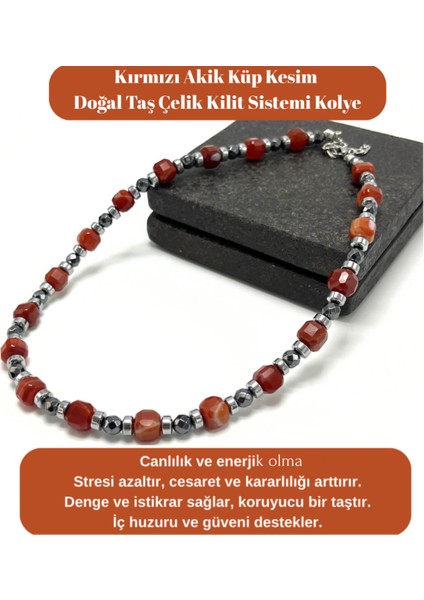 Sertifikalı Kırmızı Akik Taşı Küp Kesim Doğal Taş Çelik Kilit Sistemi 8 mm Kolye