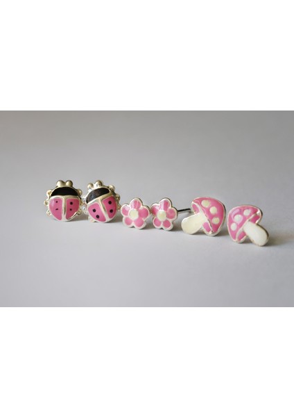 Pembe Mineli 3lü Kız Çocuk 925 Ayar Gümüş Küpeler - Uğur Böceği, Çiçek ve Mantar