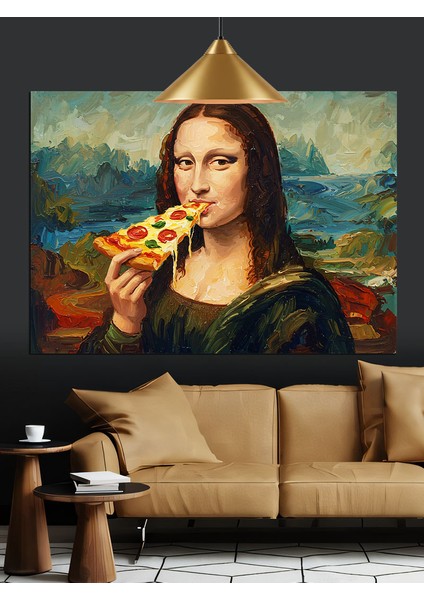 Pizza Yiyen Mona Lisa Dekoratif Kanvas - Mdf Ahşap Tablo