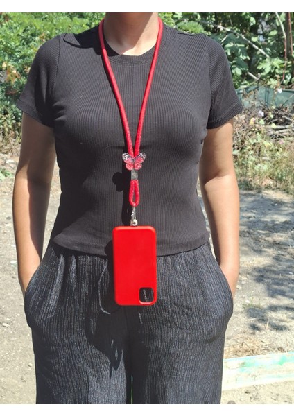 Tüm Kılıflarla Uyumlu Kırmızı Kelebekli Telefon Boyun Askısı fiyatları