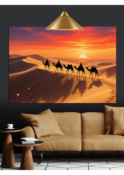 Çöl Kervanı Günbatımı Dekoratif Kanvas - Mdf Ahşap Tablo