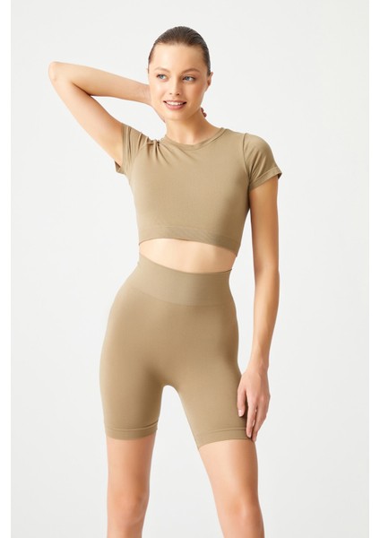 Haki Yüksek Bel Dikişsiz Toparlayıcı Kısa Spor Tayt Seamless Biker